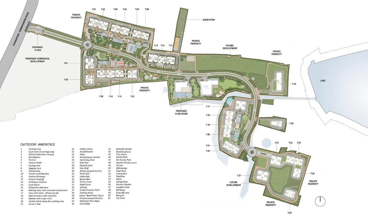 Nambiar District 25 master plan — perimeter towers and central open space on 100 acres at Muthanallur Cross